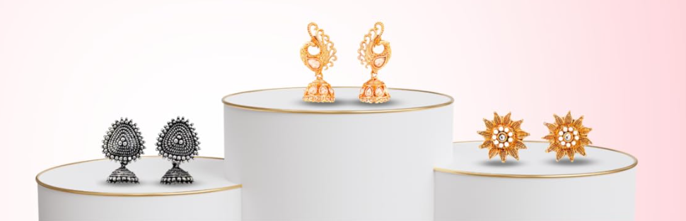 Earring sets displayed on podiums